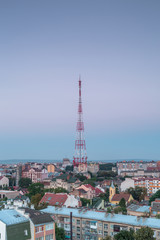 Aerial view in Ivano - frankivsk city tv tower at sunset