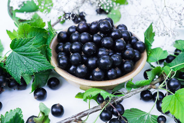 Fresh berries of black currant in a plate on a table. For a diet and saturation with vitamins