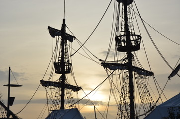 pirate ship at sunset