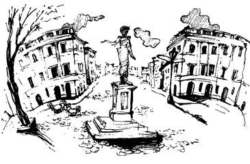 Monument to Duc de Richelieu in Odessa Odessa. Digital ink illustration. Mayor square
