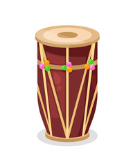 Beautiful traditional Indian drum, wooden musical percussion instrument with ornament.