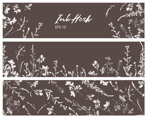 Set of vector banners with ink stamp of herbs on dark background