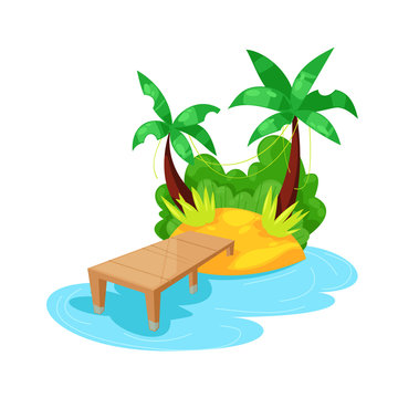 recommend clip art: Tropical island in ocean with palm tree, beach with berth.