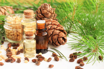 Set of bottles of essential oil of pine and  pinenut, fresh green branches, cones, and shelled cedar nuts. 