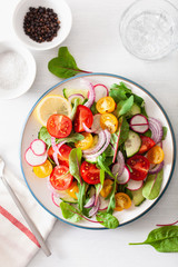 healthy colorful vegan tomato salad with cucumber, radish, onion