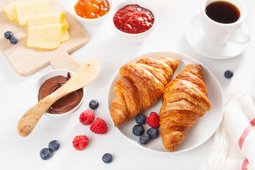 Continental breakfast with croissant,  jam, chocolate spread and coffee