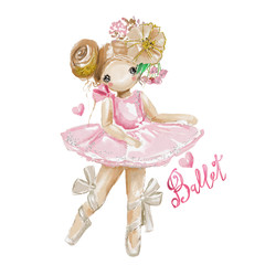 Cute girl watercolor ballerina princess. Ballerina with flowers, tied bow and golden glitter, ballet lettering element