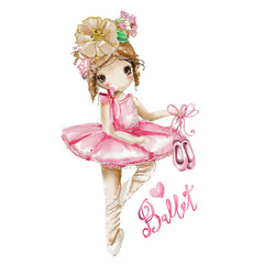 Cute girl watercolor ballerina princess. Ballerina with flowers, tied bow and golden glitter and ballet shoes