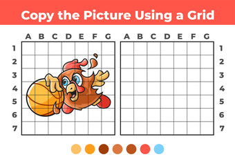 Copy the Picture, an educational game for children. A Funny Basketball Hen with a Ball.