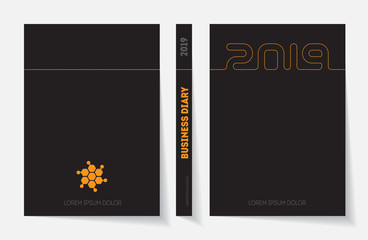 Cover of business diary for 2019 with logo. Vector design template with stitching.