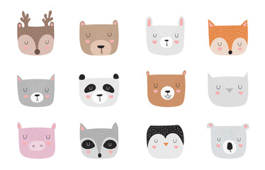 Vector collection of funny animals faces. Adorable objects on background, pastel colors
