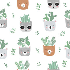 Vector seamless pattern with house plants in funny animal pots