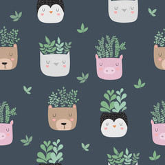 Vector seamless pattern with house plants in funny animal pots