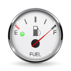 Fuel gauge. Full tank. Round car dashboard 3d device with chrome frame