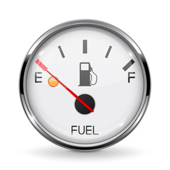 Fuel gauge. Empty tank. Round car dashboard 3d device with chrome frame