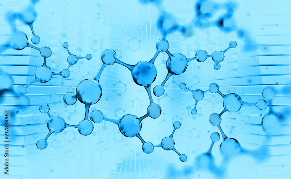 Poster Molecule. Hi Tech technology in the field of genetic engineering. Scientific breakthrough in molecular synthesis. 3D illustration on a futuristic background