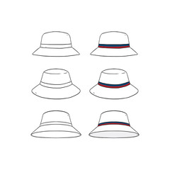 Set of blank striped bucket hat design template hand drawn vector illustration. © lessspacestudio