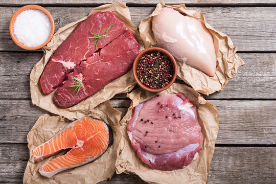 salmon , beef , pork and chicken