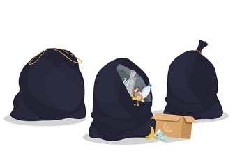 Packages with garbage. Open and closed black plastic bags with wastes. Packs full of rubbish. Special disposable containers for trash isolated vector illustration.