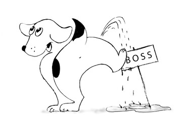 Cute, funny dog wrote on a sign that says Boss and happy. A caricature of account and hidden feelings subordinate employees and supervisors. 