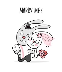 Couple of two happy bunnies on wedding. Marry me cartoon flat vector illustration poster