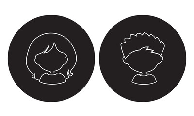 Simple avatars head girl and boy with white line on black round background