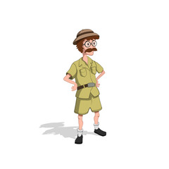 Professor in cartoon style. Image of hunter in isometric view. Drawing of jungle researcher. Vector illustration 