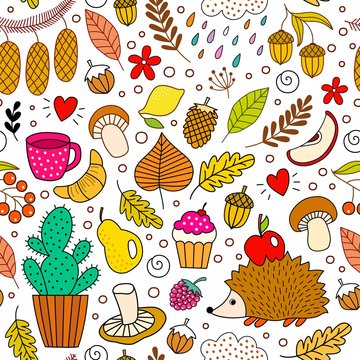 Happy autumn background with hedgehog, leaves, mushrooms, berries, acorns, fruits, cactus. Seamless pattern in doodle style