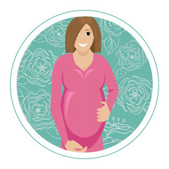 Vector illustration of the pregnant woman on a flower round background.