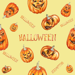 Seamless pattern. Watercolor halloween pumpkins. Hand drawn holiday illustrations isolated on yellow background.