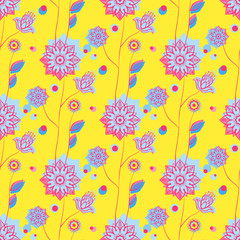 Seamless pattern with hand drawn flowers on yellow background. Vector illustration.