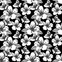 Monochrome Seamless pattern with flowers on black background. Stock Vector illustration
