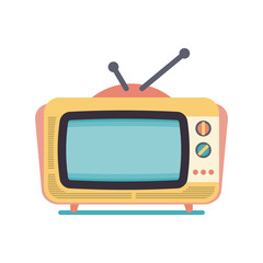 Flat design yellow retro TV set with blue screen and antennas, isolated vector on white background - 217890337