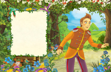 cartoon scene with prince in the forest - title page with space for text - illustration for children