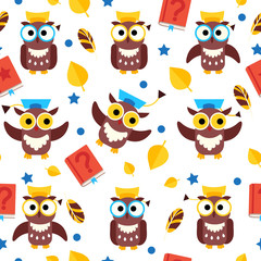 Vector seamless pattern with  owls in graduate caps.
