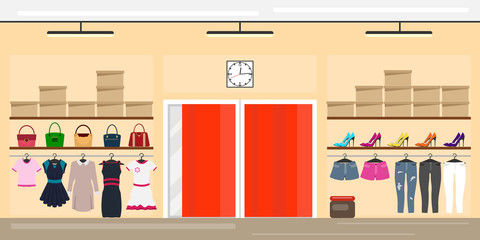 Shop women's clothing. The interior of a women's clothing store. Flat design, vector illustration, vector.