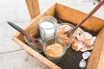 Various types of sugar in glass, brown and white sugar. Ingredients for cooking.
