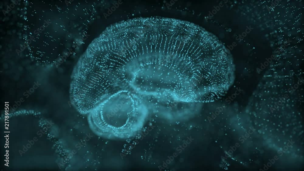 Poster human brain being formed by revolving particles. plexus structure evolving around. blue abstract fut