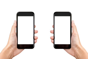 Hands holding mobile phones on white background with empty screens