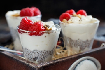 Raspberries and yogurt chia pudding parfait