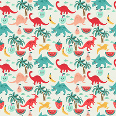 Cute background with dinosaurs and fruits