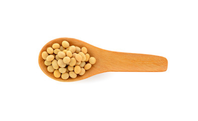 soybean in wood spoon, isolated on white