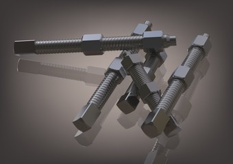 Silvery bolts and nuts on a gray