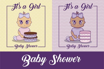 baby shower design with cute baby girls and cakes over colorful background, vector illustration