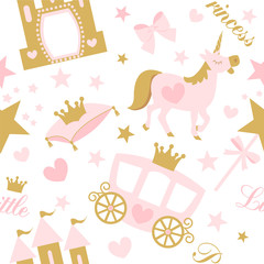Cute girlish seamless pattern with royal carriage,castle and unicorn. Vector pink background with crown and star.Little princess party (birth, baby shower invite card) Nursery wallpaper and textile © Alona Khadzhyoglo