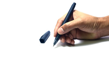 hand of a man holding a pen with writing action on white background isolated