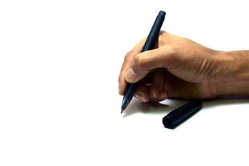 hand of a man holding a pen with writing action on white background isolated