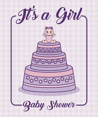 baby shower design with its a girl concept with cake and baby girl  icon over purple background, colorful design. vector illustration
