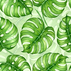 Seamless  watercolor pattern with monstera leaves. Element for design.