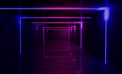 Background of an empty black corridor with neon light. Abstract background with lines and glow